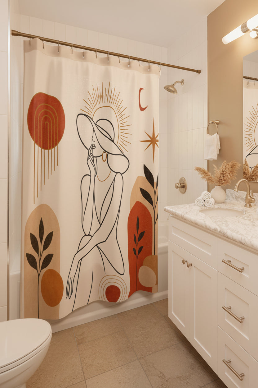 Bathroom with a shower curtain featuring a stylized woman design.