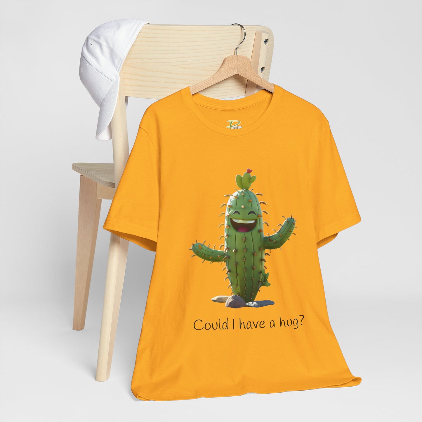Light Colorful Smiling Cactus Plant T-shirt - 'Could I Have a Hug?' - Lightweight Fabric Tee