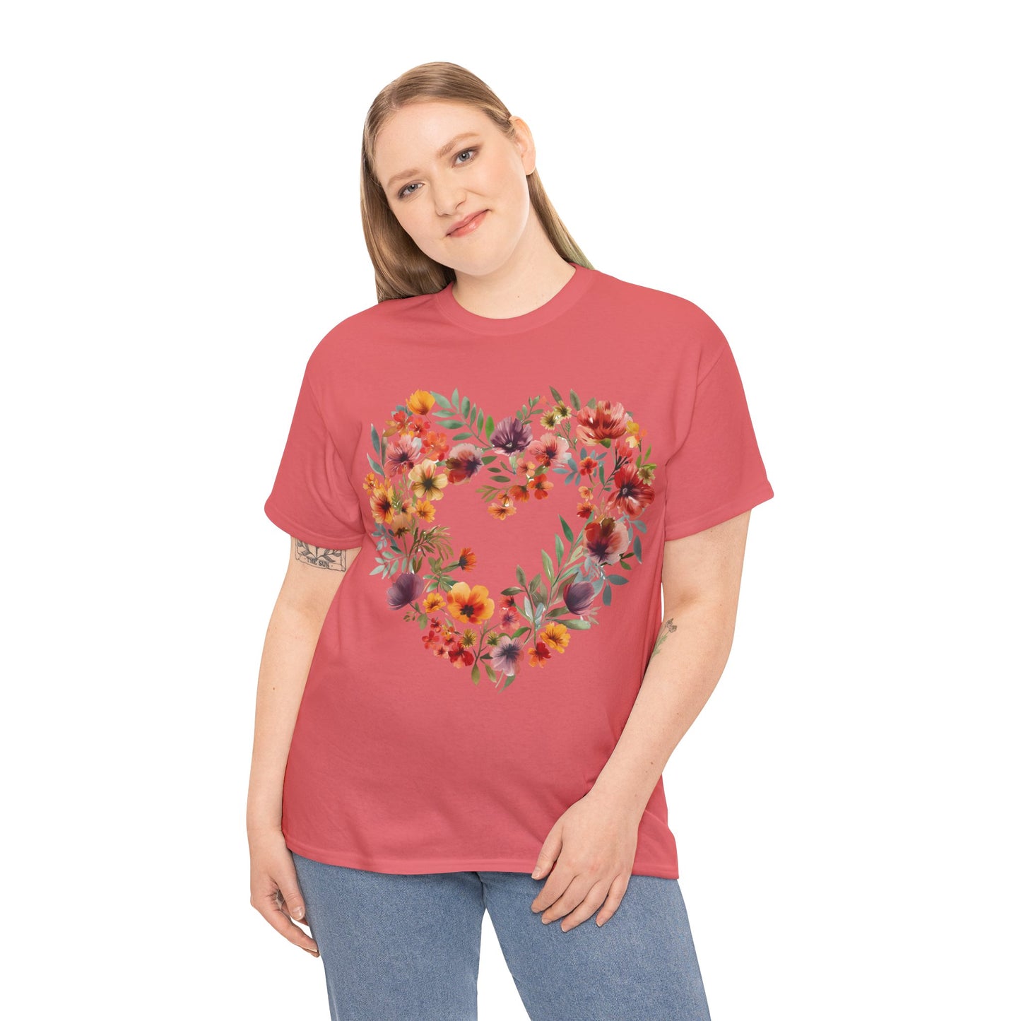 Women's Heavy Cotton Tee - Floral Heart Unisex T-Shirt