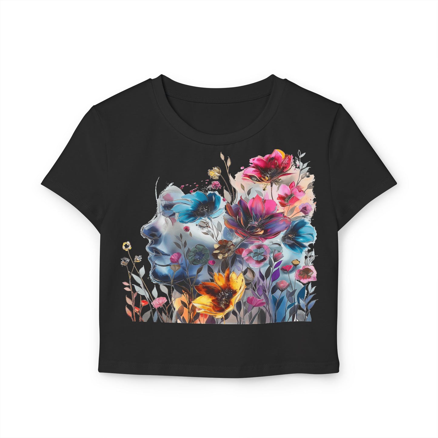 Floral Dreamscape Women Baby Tee - Artistic Short-Sleeve Top for Nature Lovers