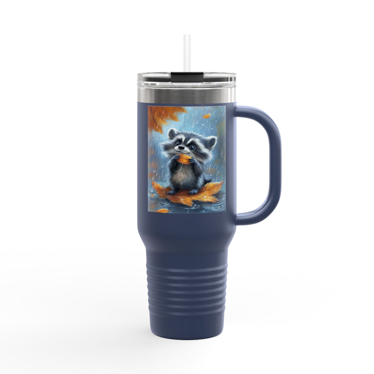 Insulated Travel Mug, 40oz - Rainy Day Raccoon Insulated Mug - Vibrant 3D Watercolor Raccoon Design Travel Mug