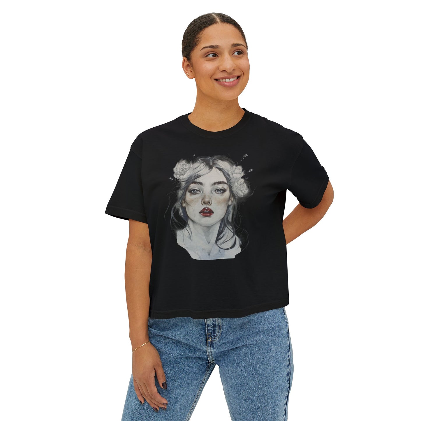 Boho Floral Women's Boxy Tee - Artistic Graphic T-Shirt for Everyday Style