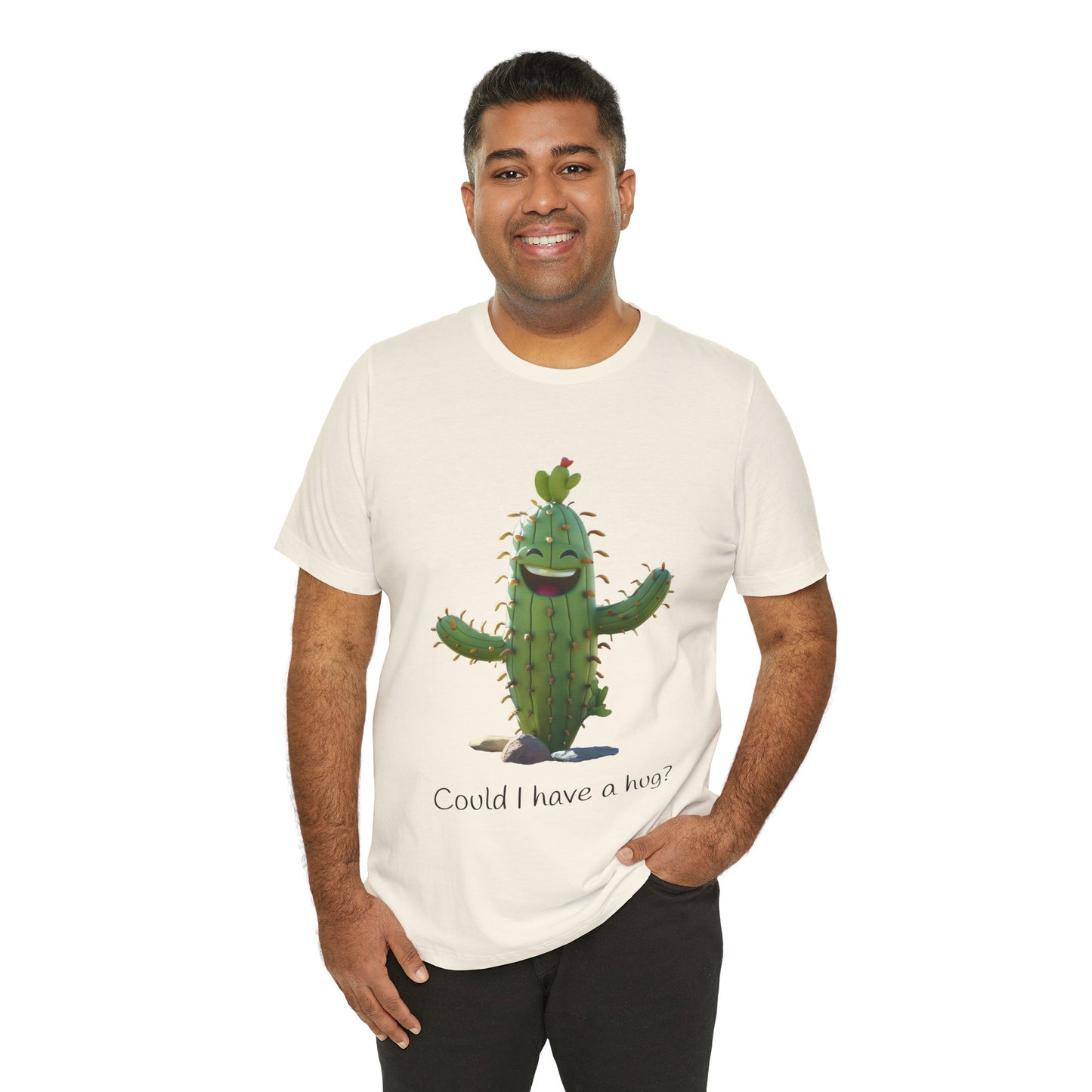 Light Colorful Smiling Cactus Plant T-shirt - 'Could I Have a Hug?' - Lightweight Fabric Tee