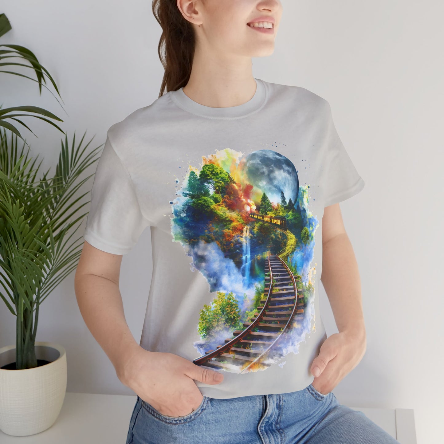 Unisex T-Shirt with 3D Watercolor Train Tracks and Enchanted Forest Design - Lightweight Fabric Tee