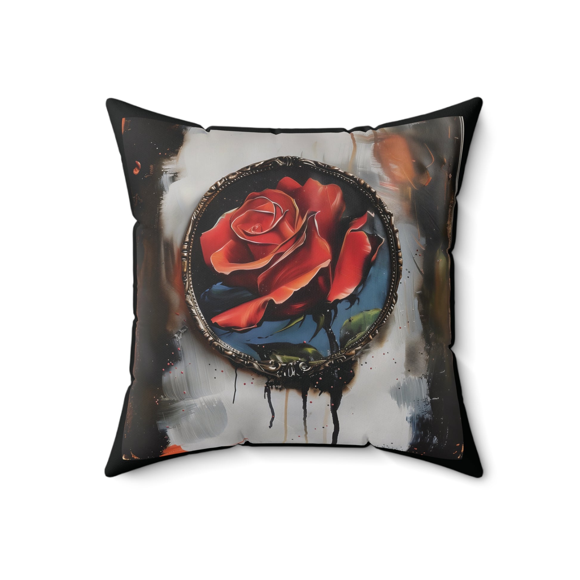 Decorative square throw pillow featuring a bold red rose on black. A unique floral cushion ideal for adding color and charm to your sofa, accent chair, or bedroom décor. Perfect for those who love romantic, dark, or cottage core-inspired interiors.