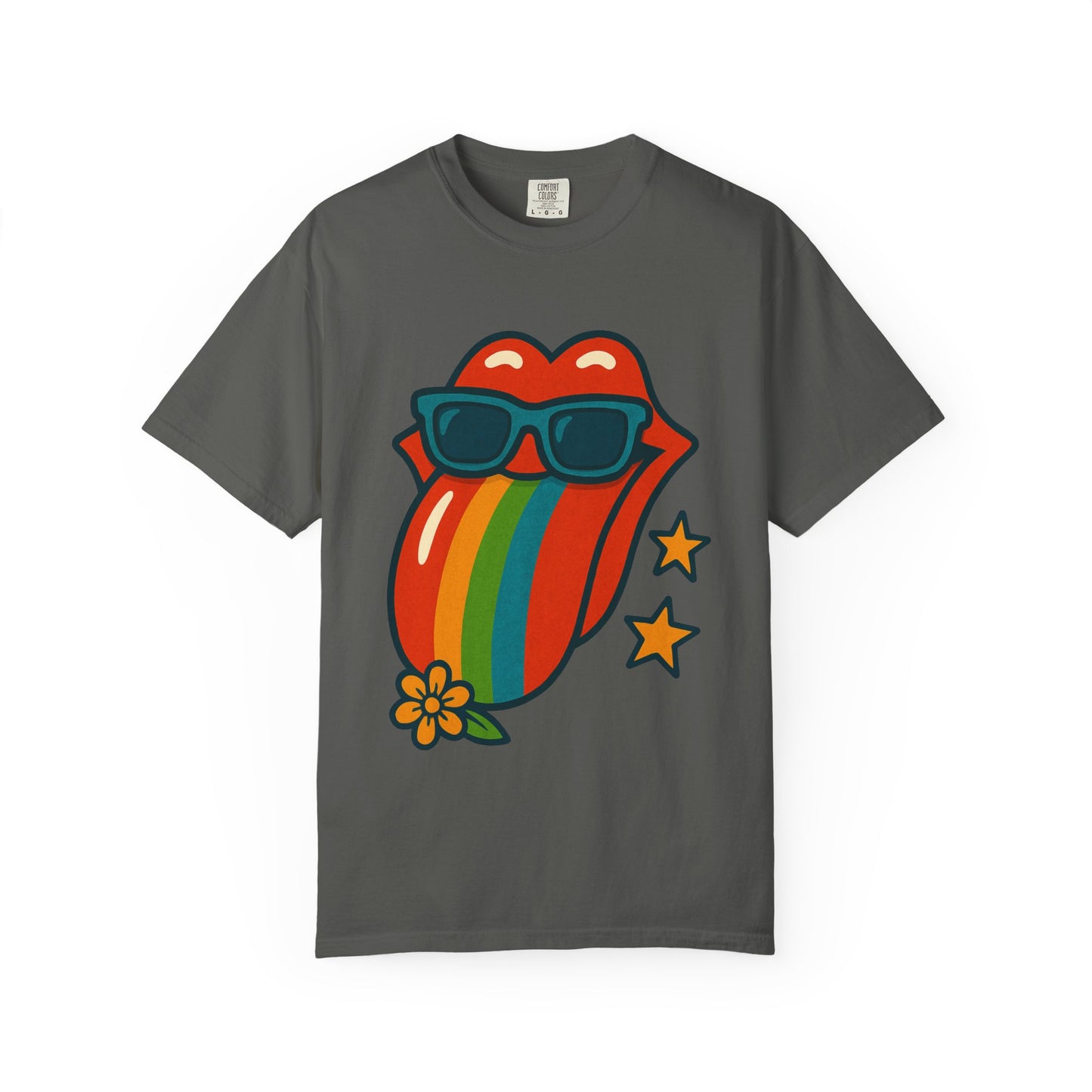 Colorful Retro T-Shirt with Rainbow Tongue Design, Vintage Rock Tee, Unisex Graphic Top, Music Lover Gift, Festival Wear