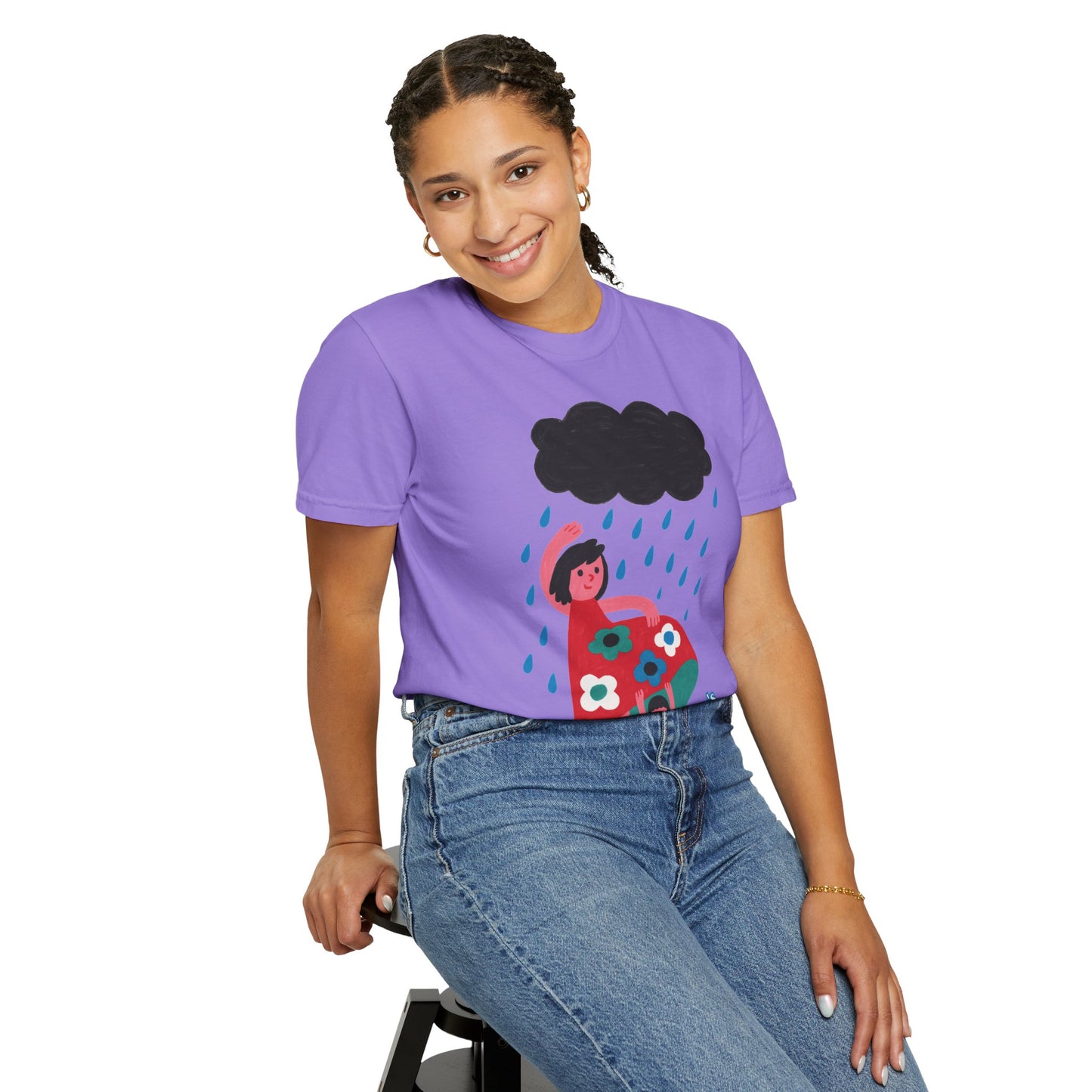 Colorful Rainy Day Unisex T-Shirt - Whimsical Design Featuring Flowers & Clouds - Mother's day Gift - Birthday Gift