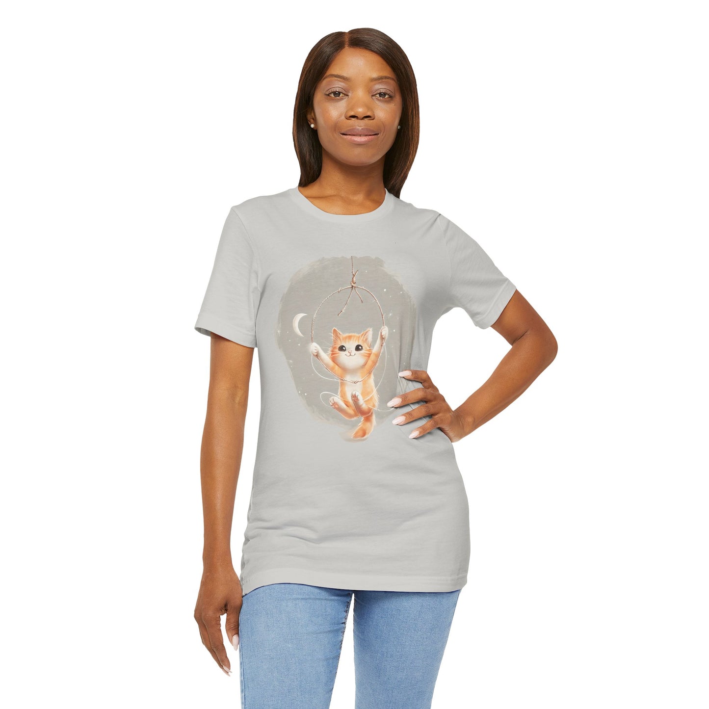 Cute Smiling Cat Cartoon T-shirt - Lightweight Fabric Tee