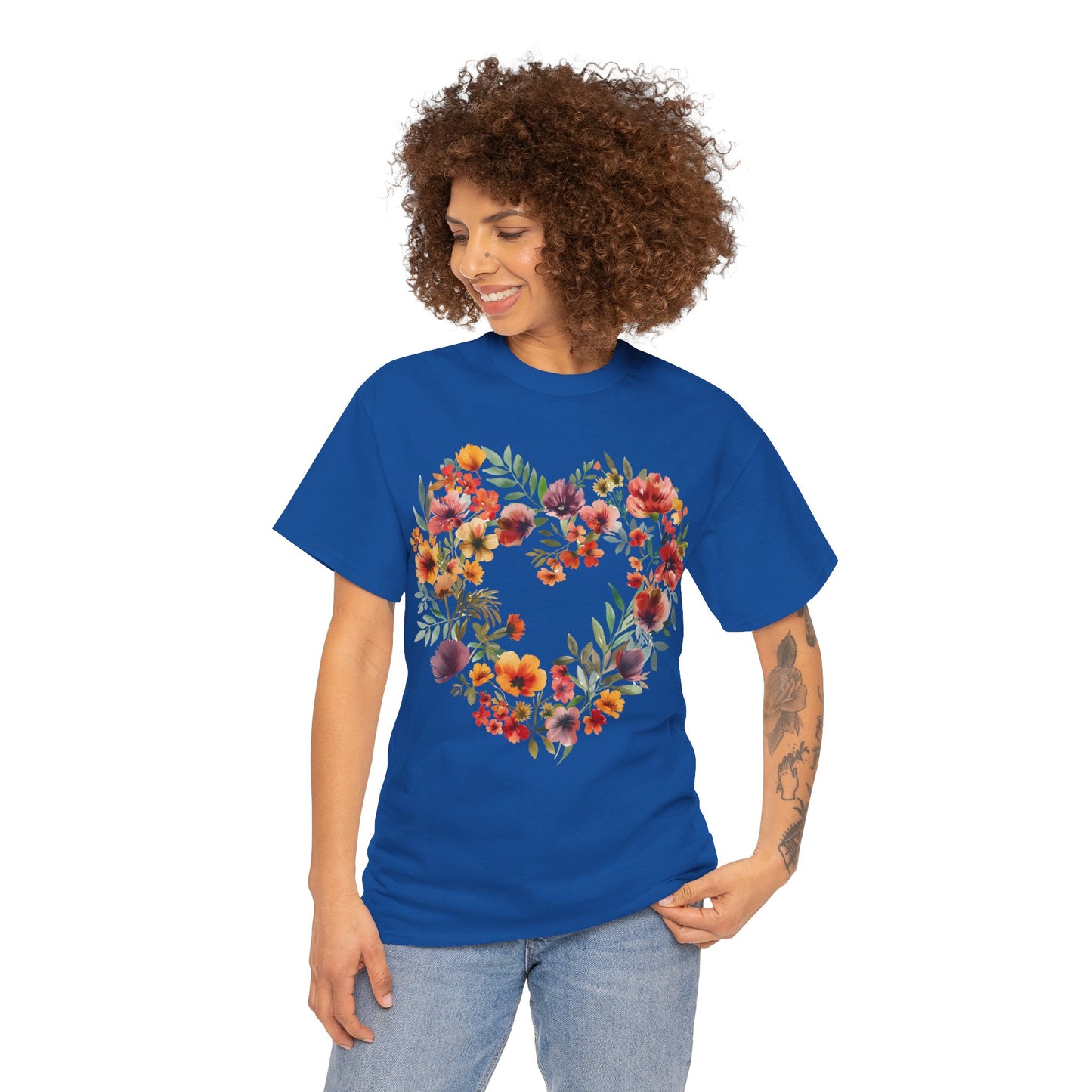 Women's Heavy Cotton Tee - Floral Heart Unisex T-Shirt