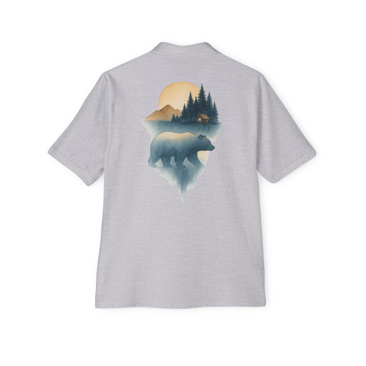 Men's Polo with Bear & Landscape Design - Casual Outdoor Shirt
