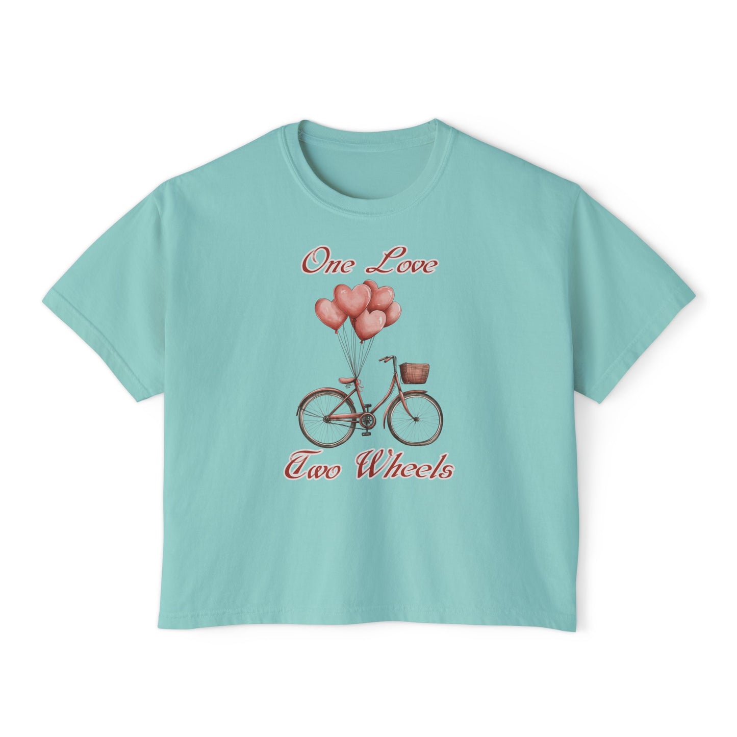 Vintage Bike Boxy Tee - Valentine's Day Women's Boxy Tee with Heart Balloons Graphic