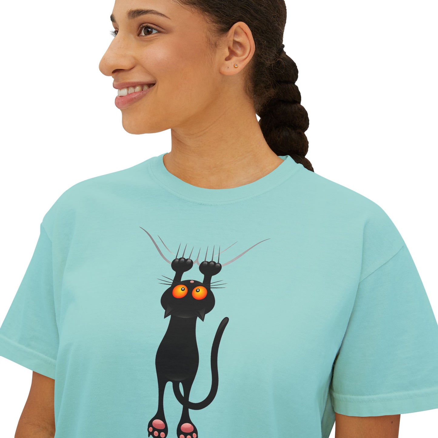 Cute Cat Graphic Women's Boxy Tee, Casual Tee for Cat Lovers, Birthday Gift, Soft Cotton Top, Fun Everyday Wear