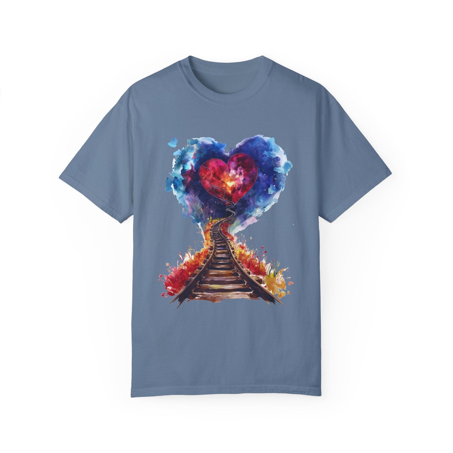 Unisex Garment-Dyed T-shirt - Journey of Heart - Train Tracks Coming out from Heart