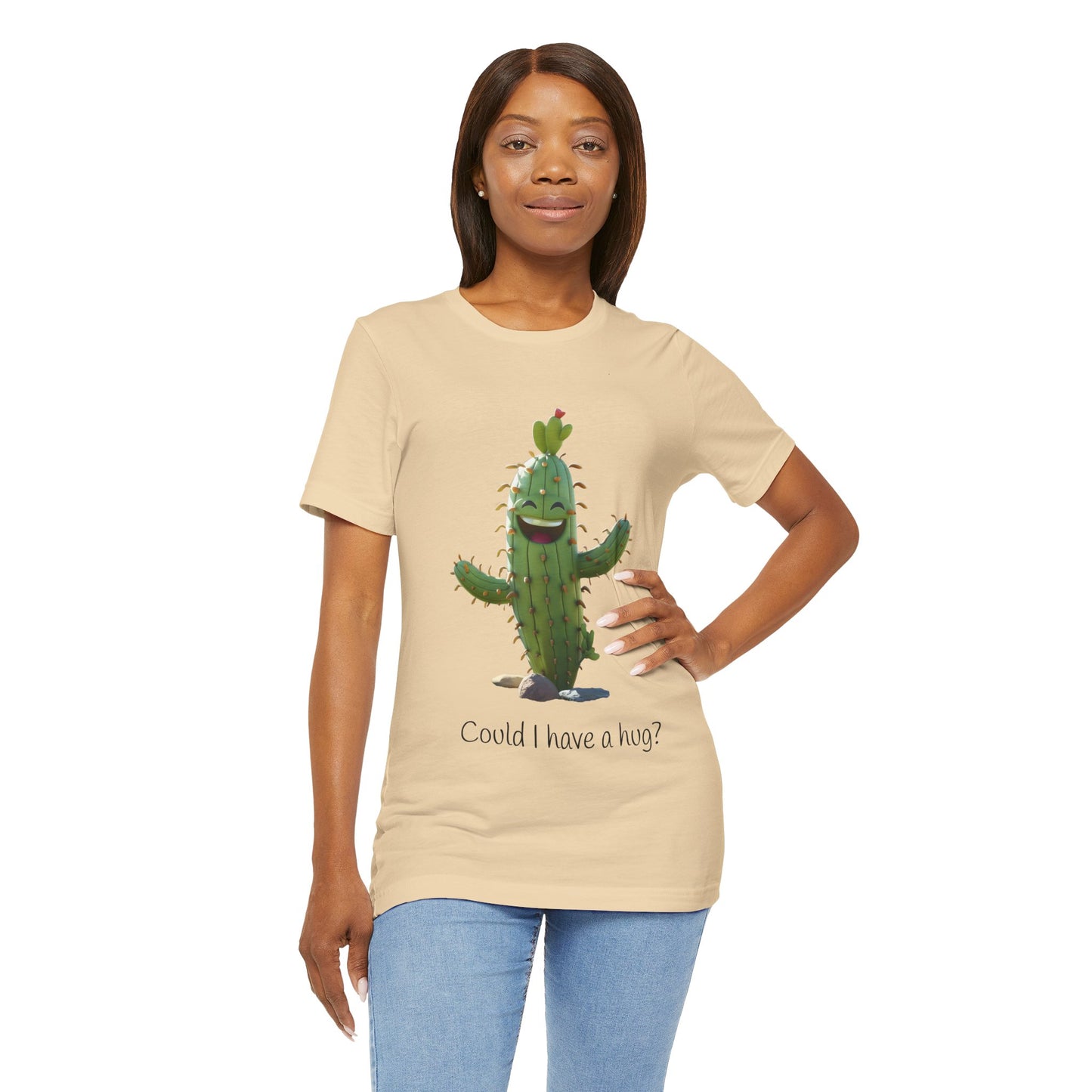 Light Colorful Smiling Cactus Plant T-shirt - 'Could I Have a Hug?' - Lightweight Fabric Tee