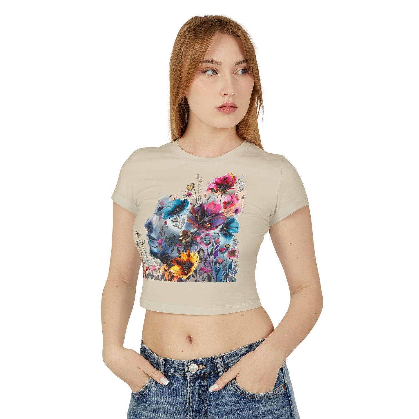 Floral Dreamscape Women Baby Tee - Artistic Short-Sleeve Top for Nature Lovers
