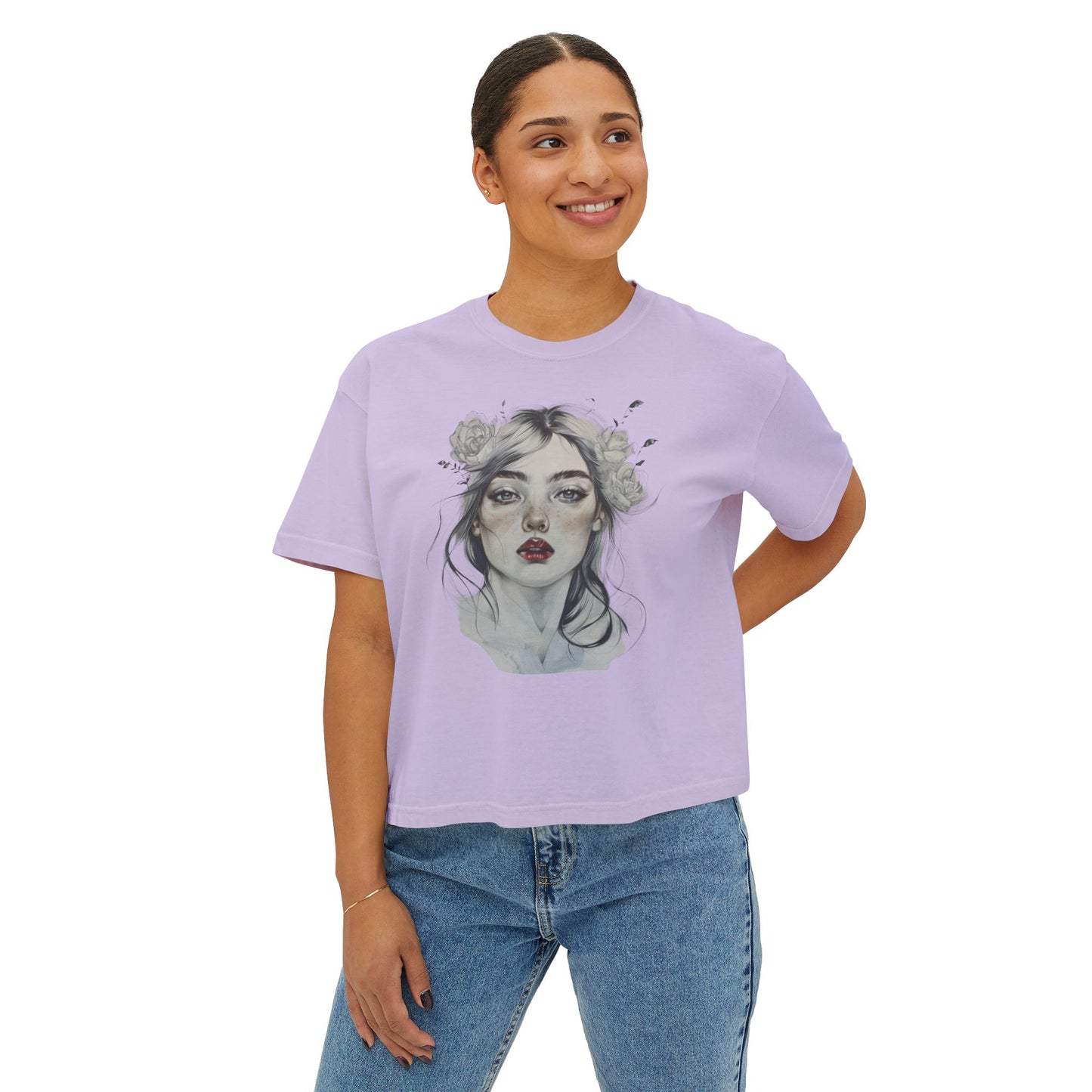 Boho Floral Women's Boxy Tee - Artistic Graphic T-Shirt for Everyday Style