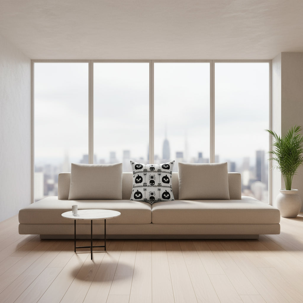 Halloween Pillow - Spun Polyester Square Pillow with Skulls, Pumpkins, and Spiders Design