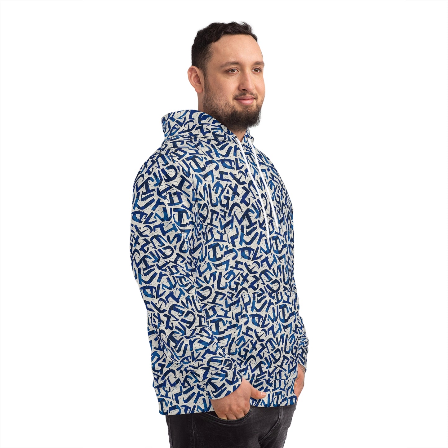 Fashion Hoodie for Men and Women - Blue Iconography-Style Lettering Design Hoodie
