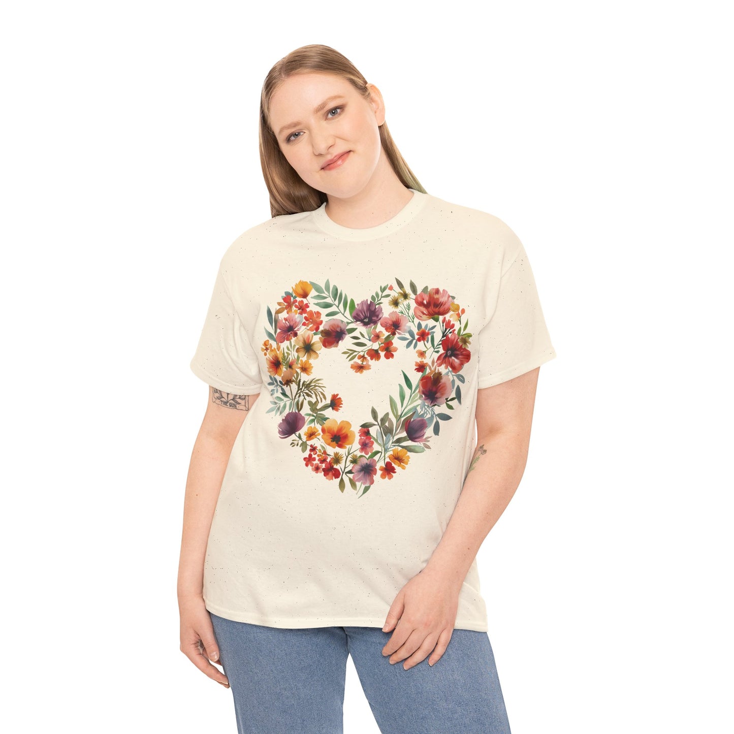 Women's Heavy Cotton Tee - Floral Heart Unisex T-Shirt
