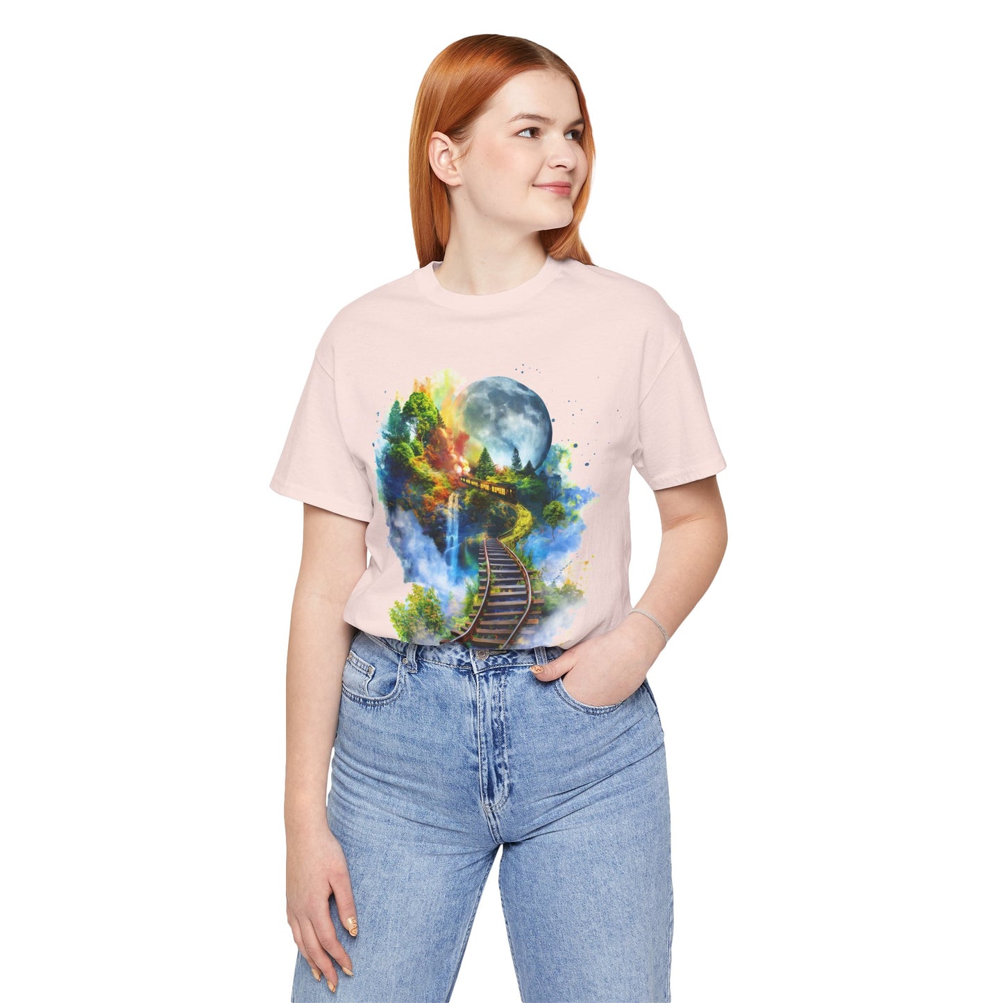 Unisex T-Shirt with 3D Watercolor Train Tracks and Enchanted Forest Design - Lightweight Fabric Tee
