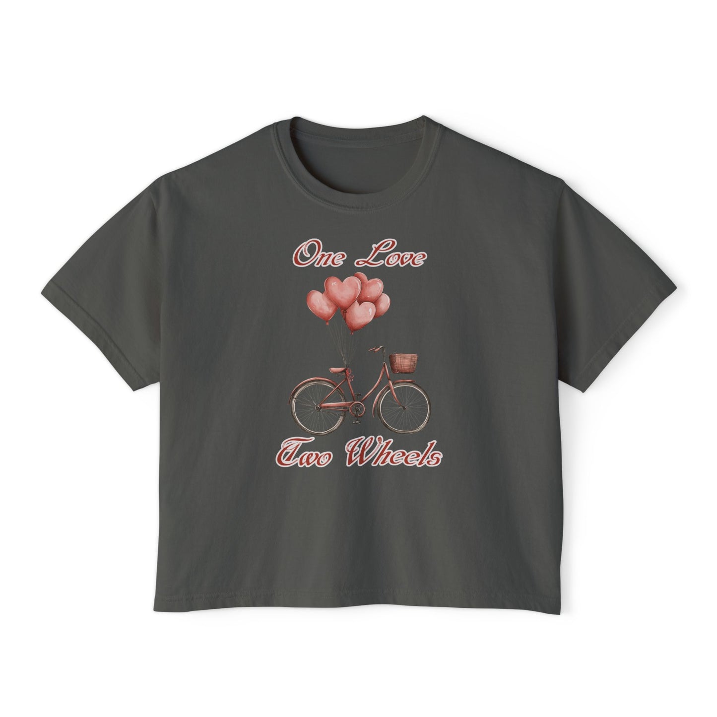 Vintage Bike Boxy Tee - Valentine's Day Women's Boxy Tee with Heart Balloons Graphic
