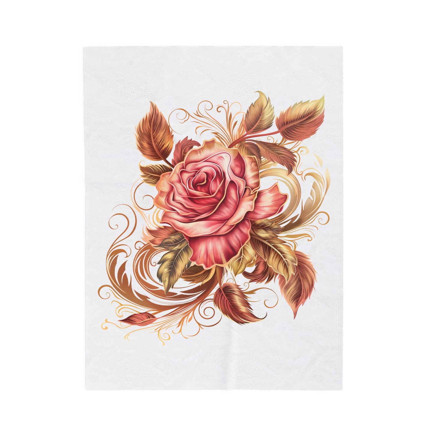 White Velveteen Plush Blanket with beautiful pink rose surrounded by swirling leaves
