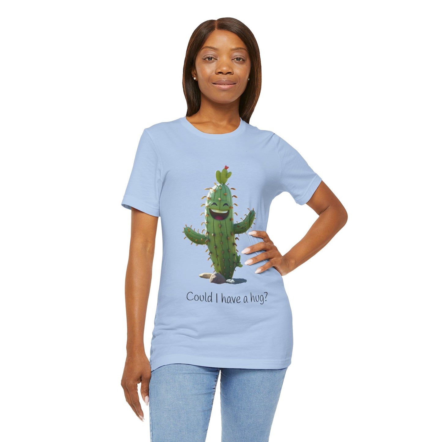 Light Colorful Smiling Cactus Plant T-shirt - 'Could I Have a Hug?' - Lightweight Fabric Tee