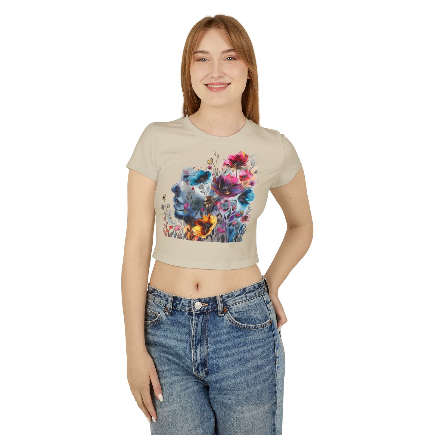 Floral Dreamscape Women Baby Tee - Artistic Short-Sleeve Top for Nature Lovers