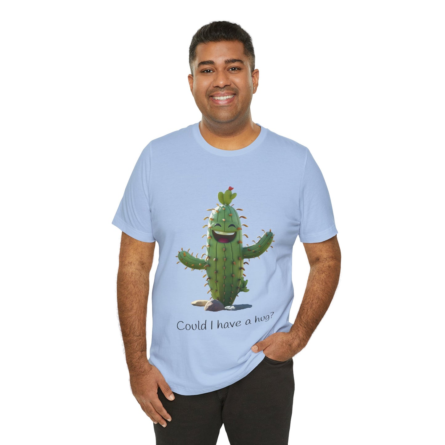 Light Colorful Smiling Cactus Plant T-shirt - 'Could I Have a Hug?' - Lightweight Fabric Tee