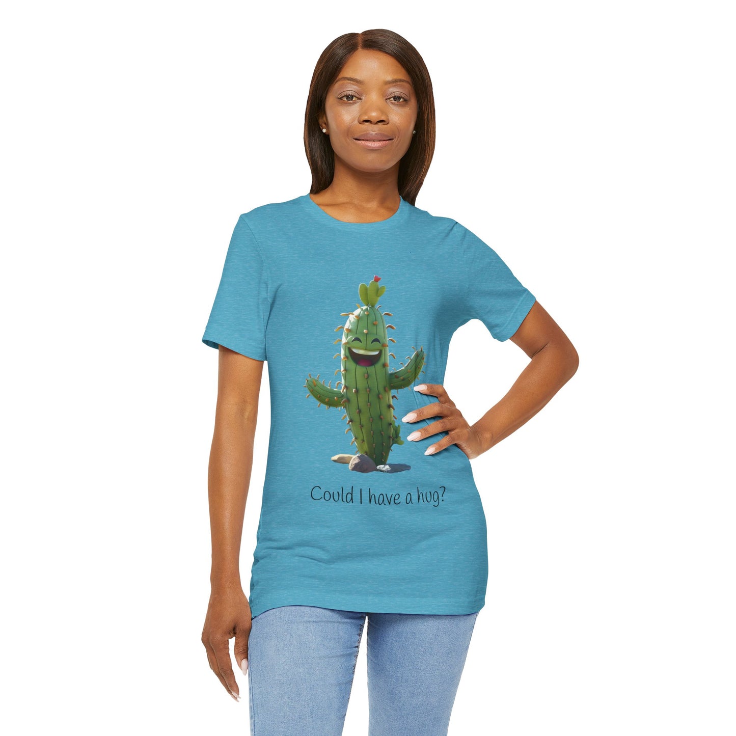 Light Colorful Smiling Cactus Plant T-shirt - 'Could I Have a Hug?' - Lightweight Fabric Tee