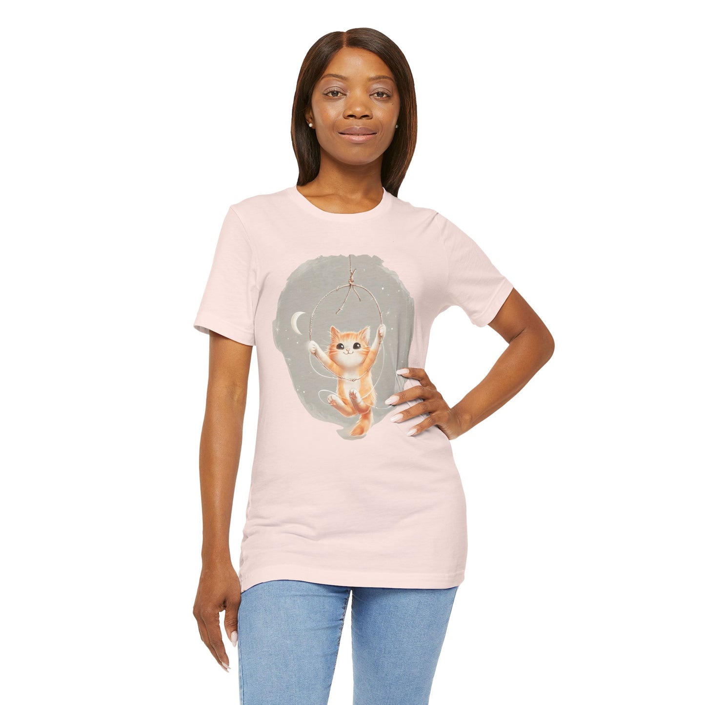 Cute Smiling Cat Cartoon T-shirt - Lightweight Fabric Tee
