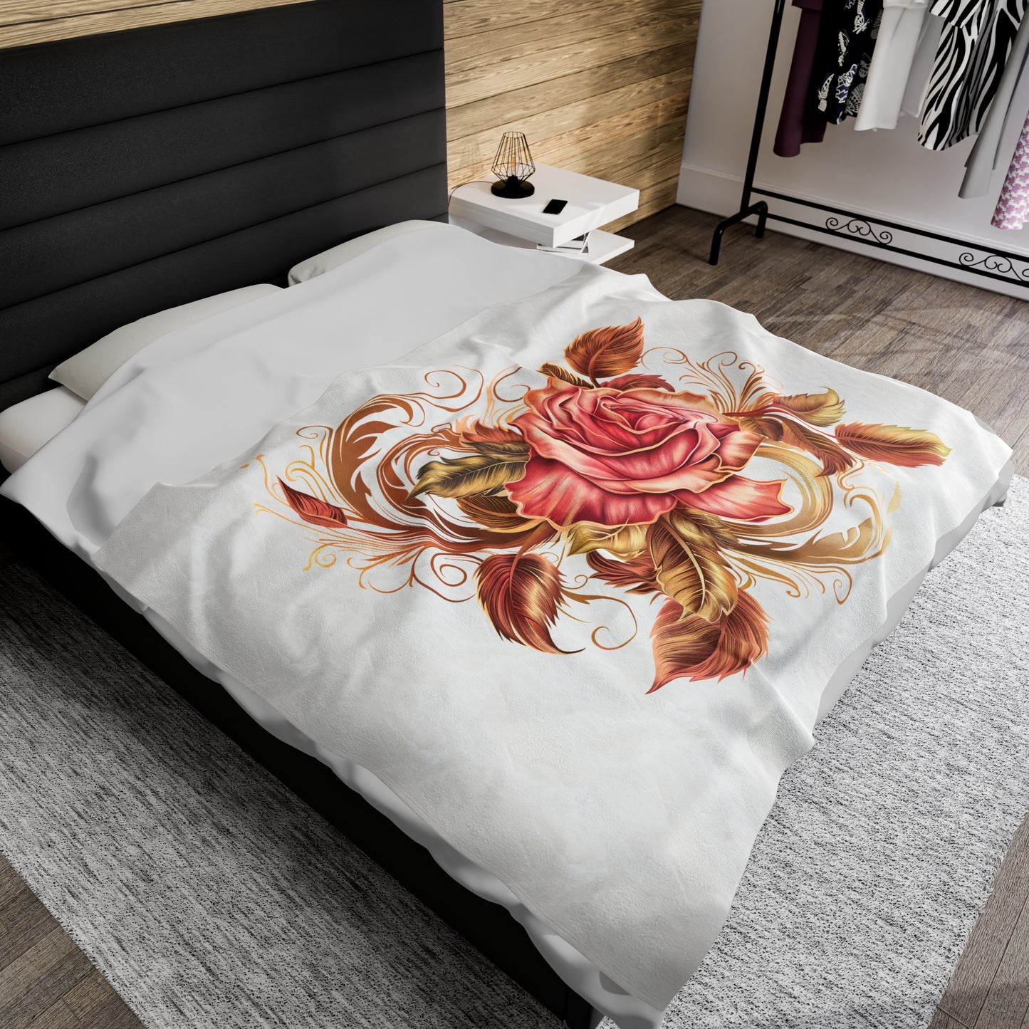 White Velveteen Plush Blanket with beautiful pink rose surrounded by swirling leaves