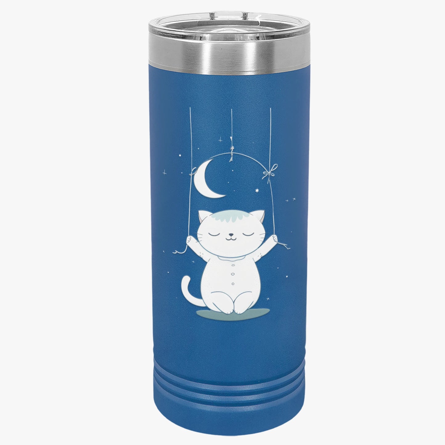 Moonlight Meow Skinny Tumbler, 22oz - Cute Cartoon Cat Hanging from Moon Design Tumbler