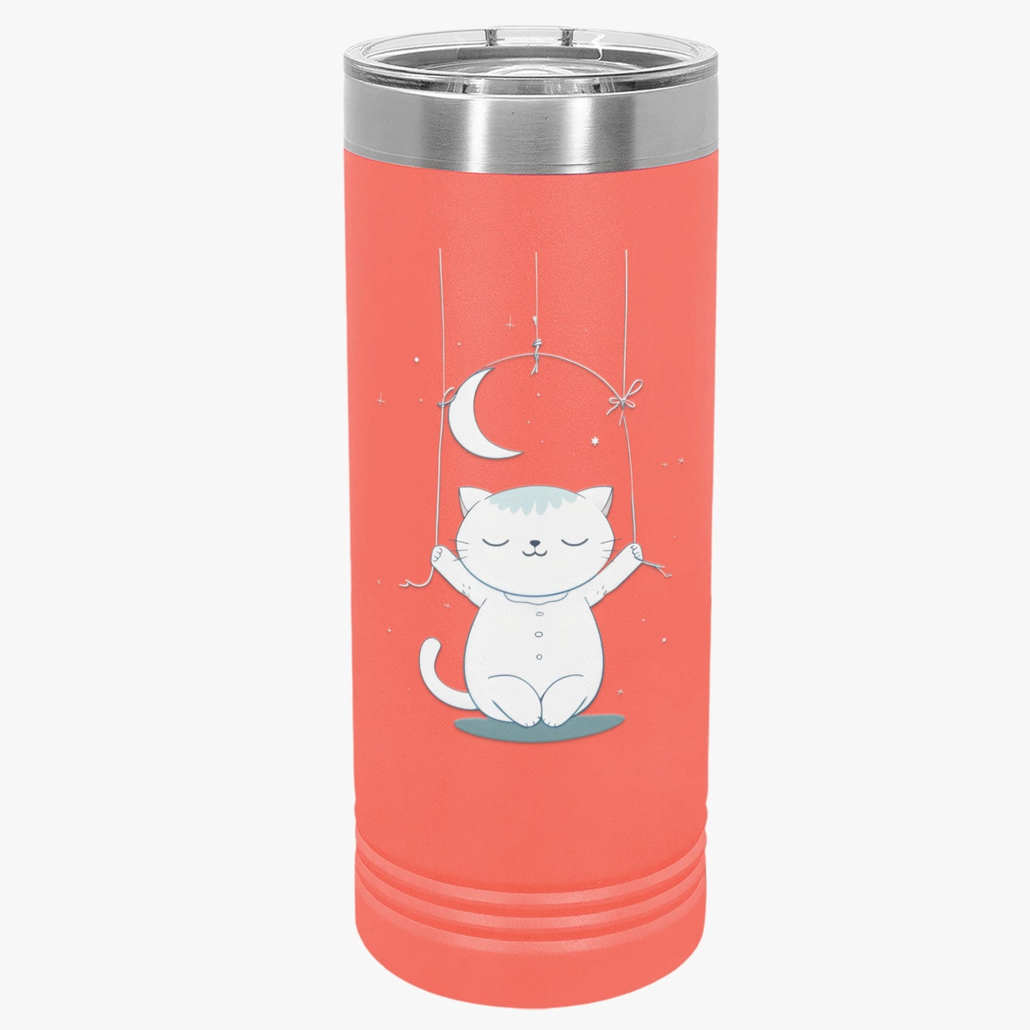 Moonlight Meow Skinny Tumbler, 22oz - Cute Cartoon Cat Hanging from Moon Design Tumbler