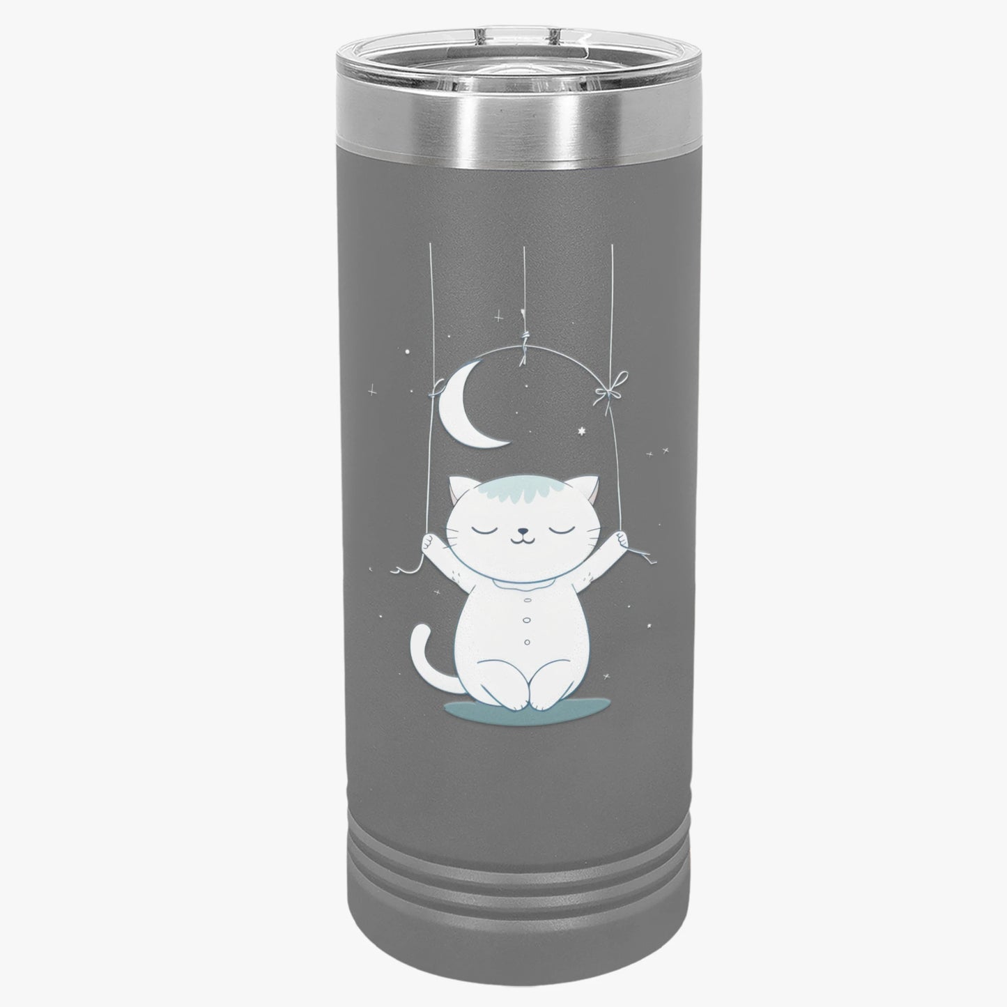 Moonlight Meow Skinny Tumbler, 22oz - Cute Cartoon Cat Hanging from Moon Design Tumbler