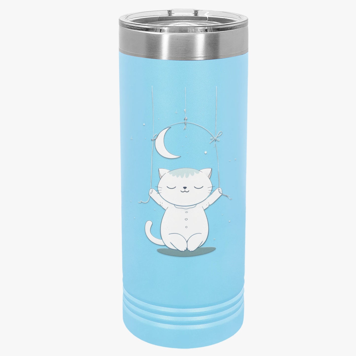Moonlight Meow Skinny Tumbler, 22oz - Cute Cartoon Cat Hanging from Moon Design Tumbler