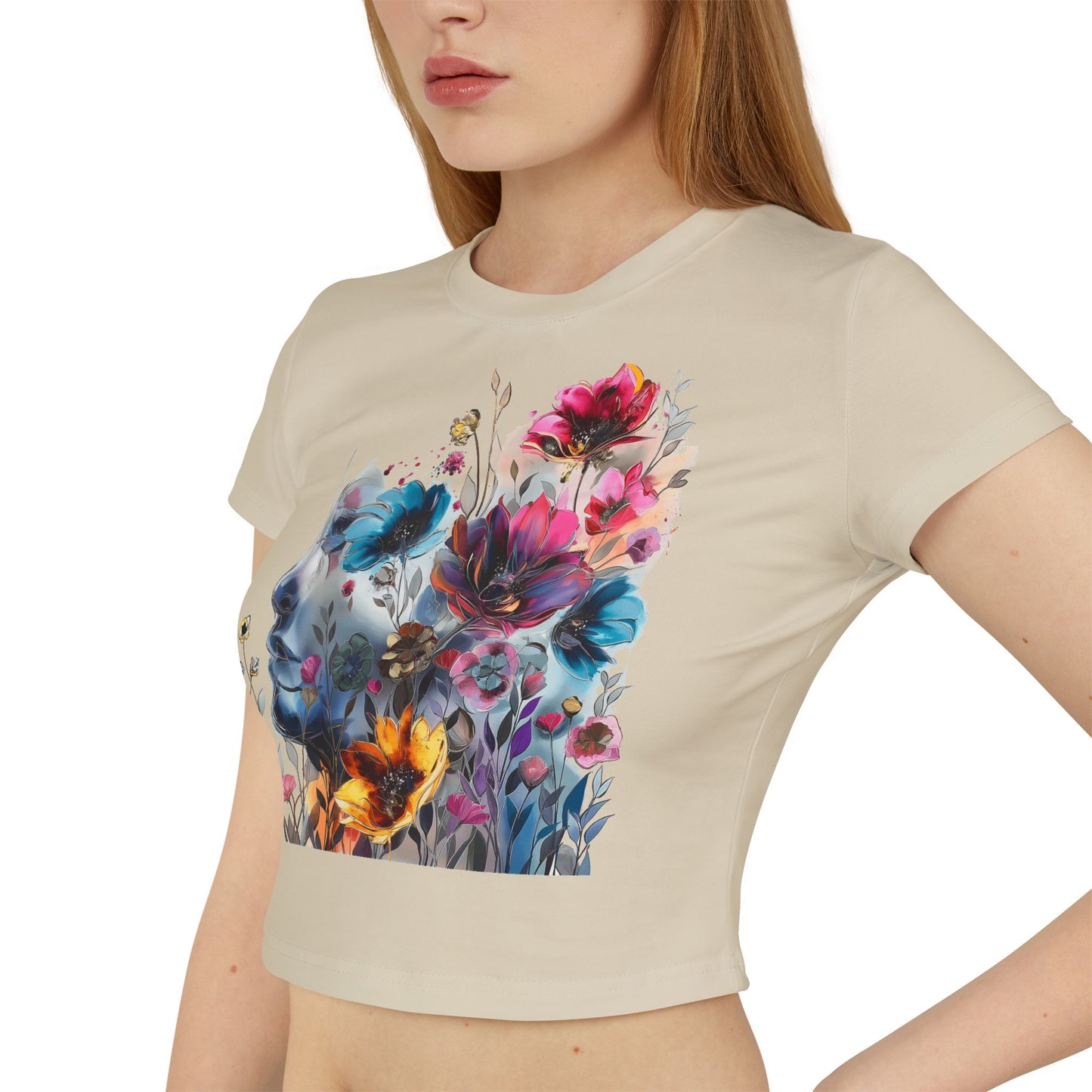 Floral Dreamscape Women Baby Tee - Artistic Short-Sleeve Top for Nature Lovers
