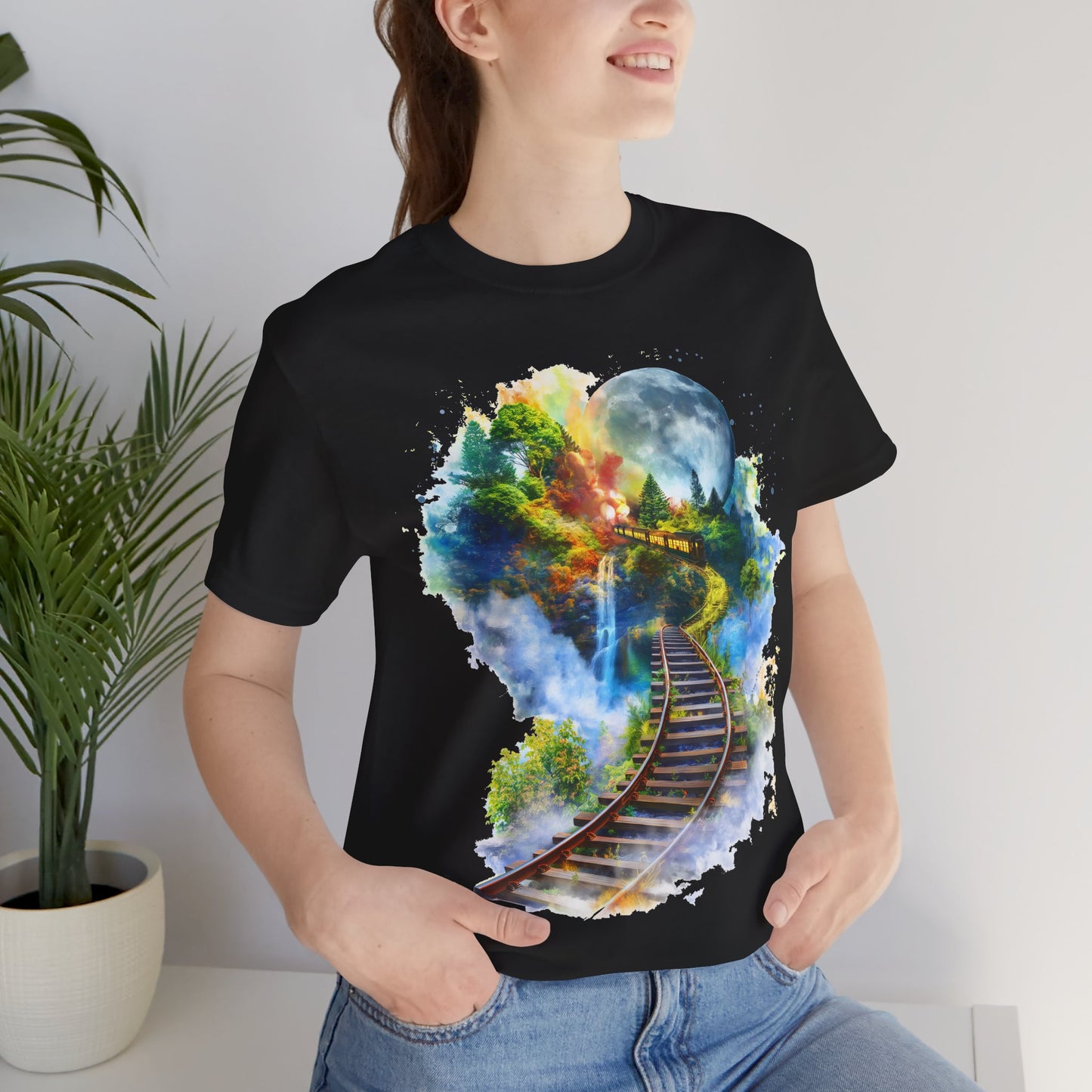 Unisex T-Shirt with 3D Watercolor Train Tracks and Enchanted Forest Design - Lightweight Fabric Tee