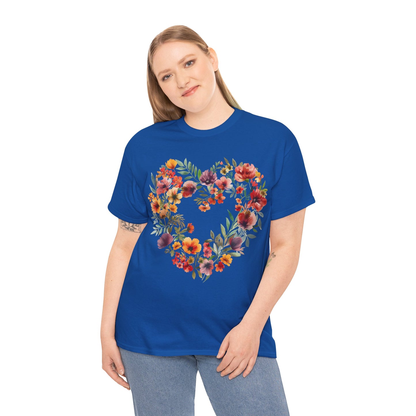 Women's Heavy Cotton Tee - Floral Heart Unisex T-Shirt