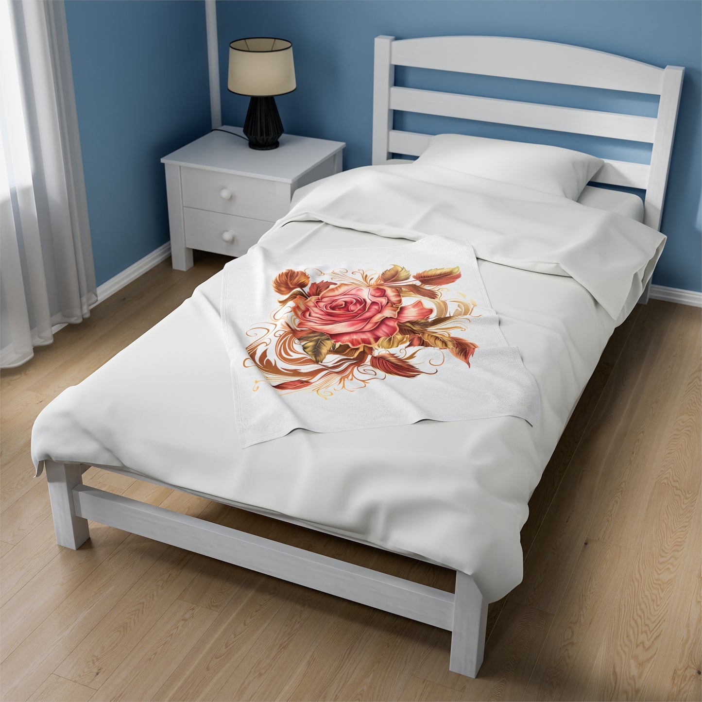 White Velveteen Plush Blanket with beautiful pink rose surrounded by swirling leaves