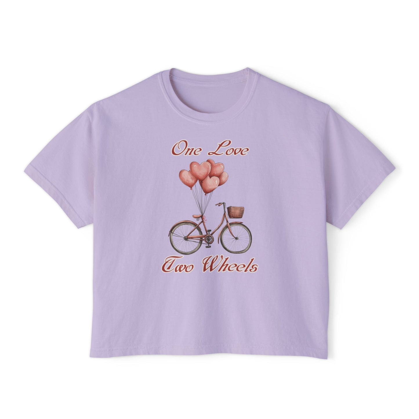Vintage Bike Boxy Tee - Valentine's Day Women's Boxy Tee with Heart Balloons Graphic