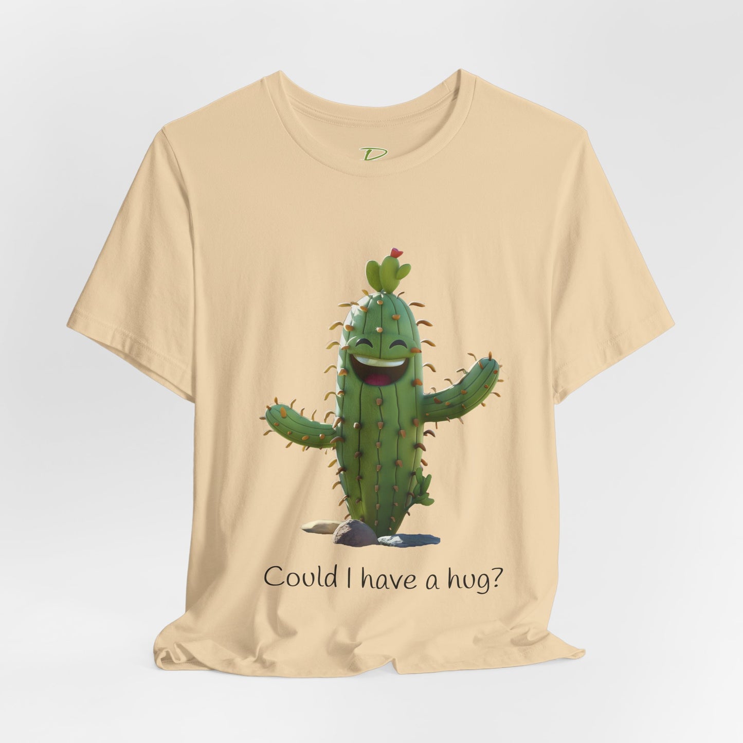 Light Colorful Smiling Cactus Plant T-shirt - 'Could I Have a Hug?' - Lightweight Fabric Tee