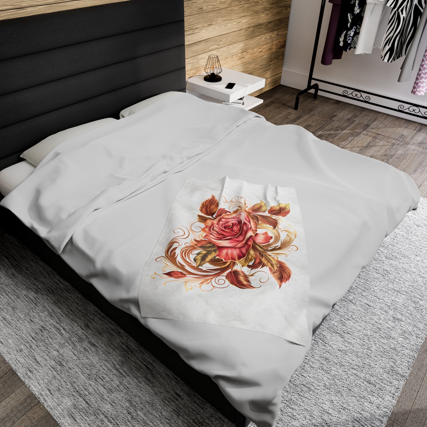 White Velveteen Plush Blanket with beautiful pink rose surrounded by swirling leaves