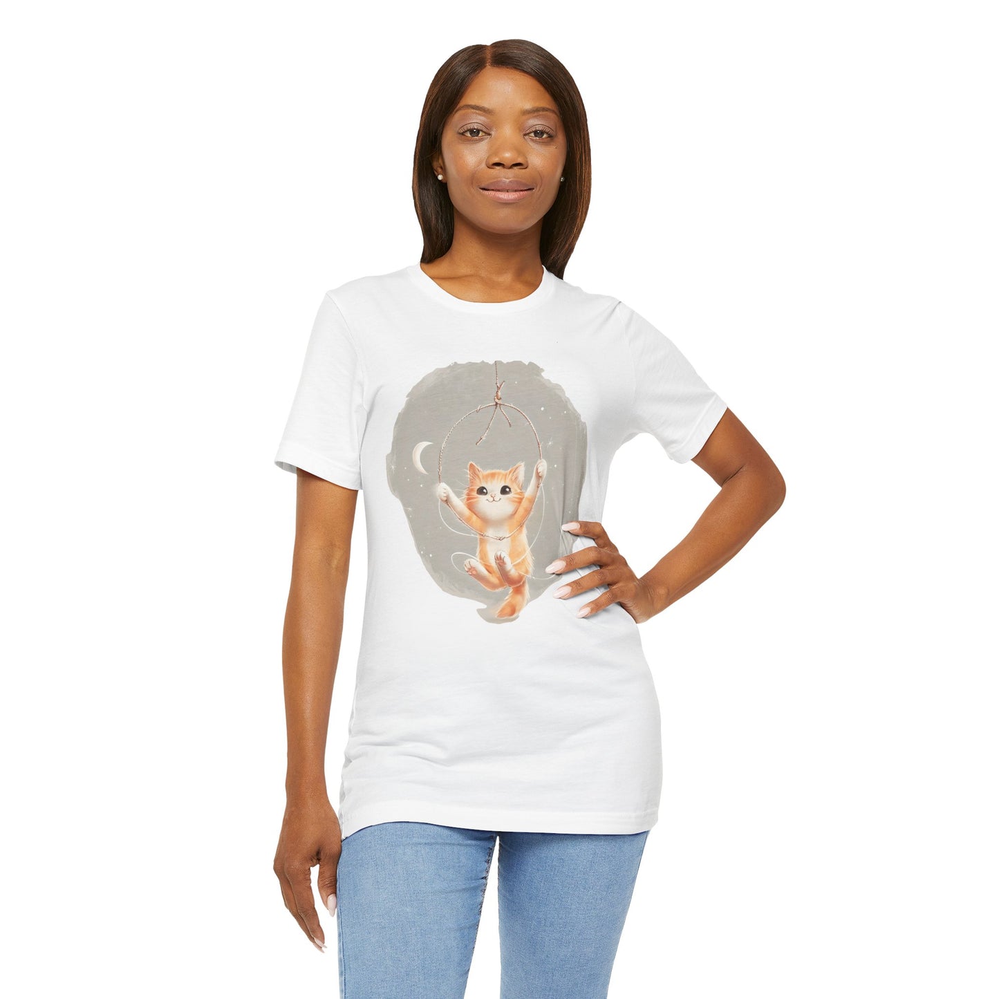 Cute Smiling Cat Cartoon T-shirt - Lightweight Fabric Tee