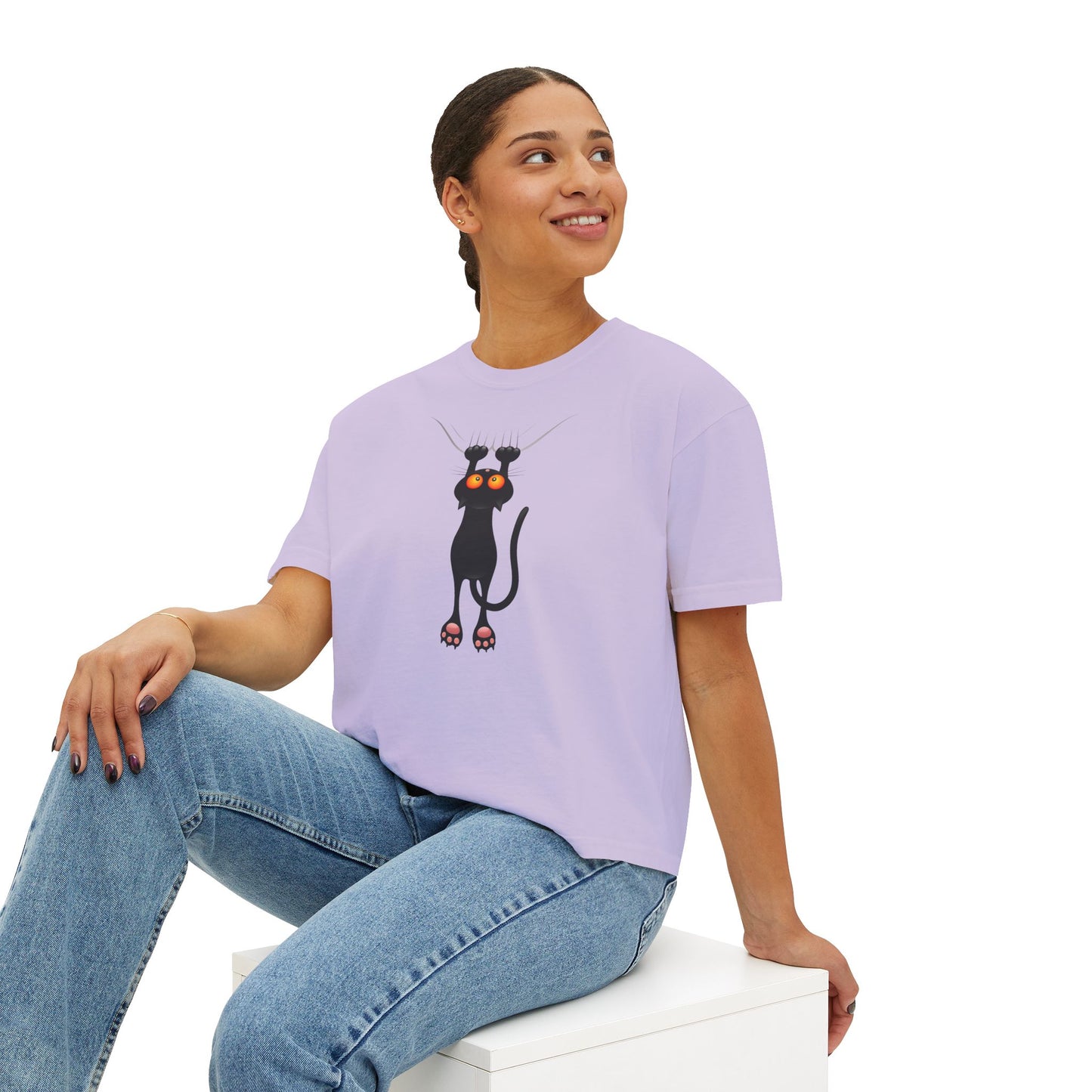 Cute Cat Graphic Women's Boxy Tee, Casual Tee for Cat Lovers, Birthday Gift, Soft Cotton Top, Fun Everyday Wear