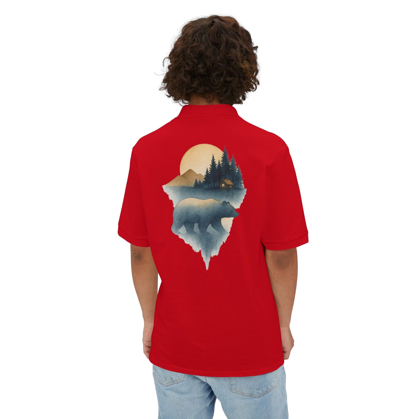 Men's Polo with Bear & Landscape Design - Casual Outdoor Shirt