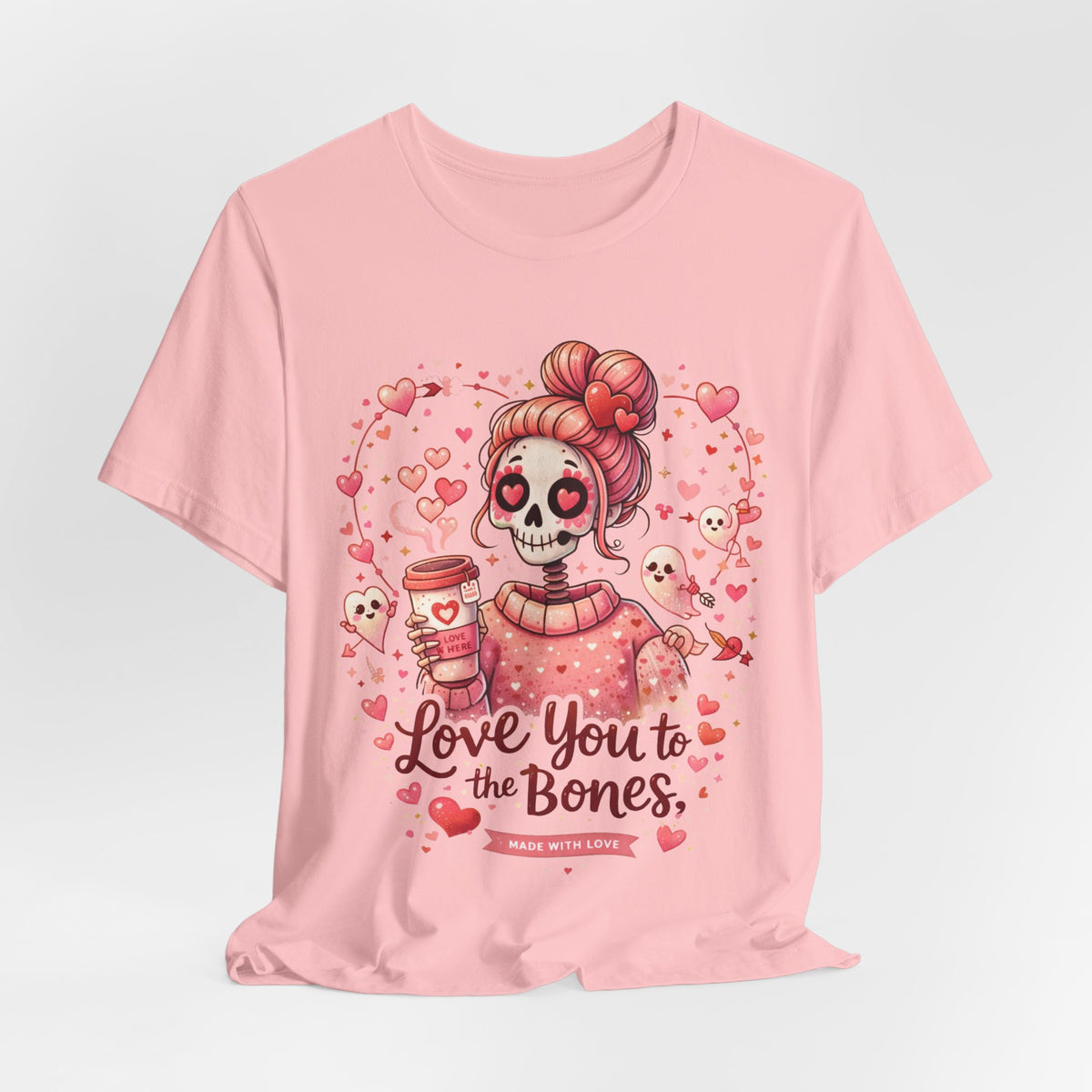 Cute gothic Valentine design for unisex t-shirts showing a pink skull girl, hearts, and cupid ghosts with coffee vibe.