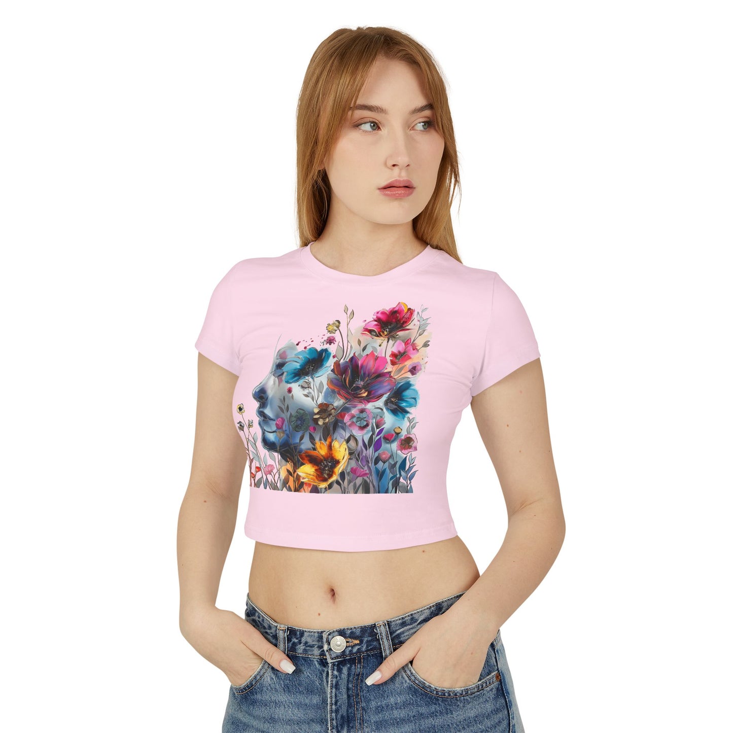 Floral Dreamscape Women Baby Tee - Artistic Short-Sleeve Top for Nature Lovers