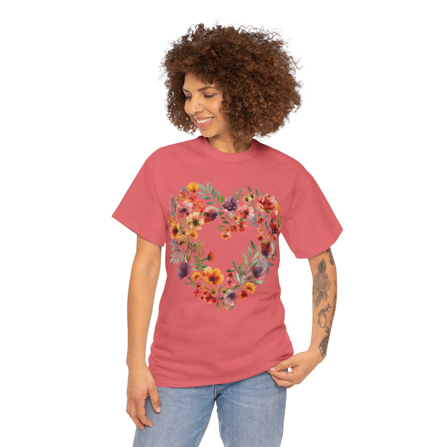 Women's Heavy Cotton Tee - Floral Heart Unisex T-Shirt