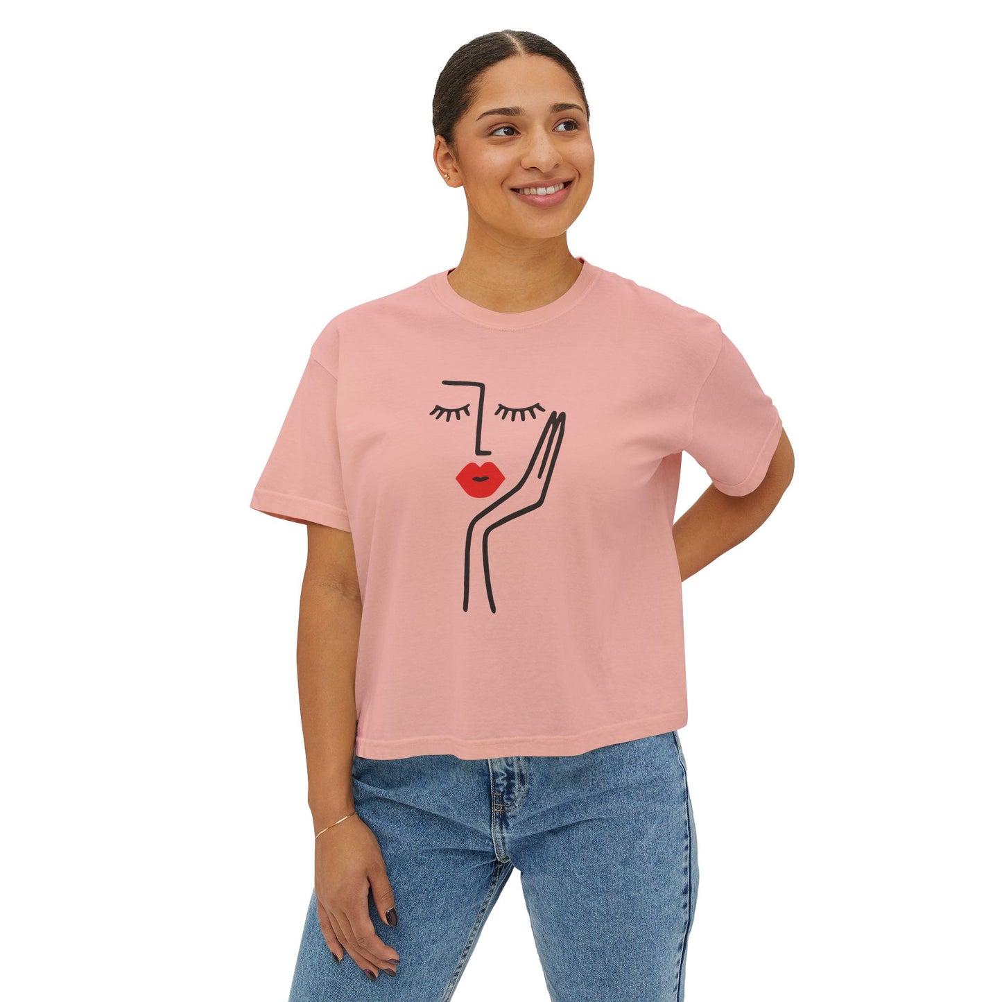 Women's Boxy Tee with Abstract Face Design - Casual Summer Top, Graphic Tee, Artsy Shirt, Gift for Her, Fashion Statement